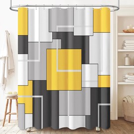BTTN Extra Long Shower Curtain - 72 x 84 Inch Long Geometric Decorative Fabric Shower Curtain Set with 12 Plastic Hook, Water Repellent, Large Hotel Modern Unique Shower Curtains for Bathroom - Yellow