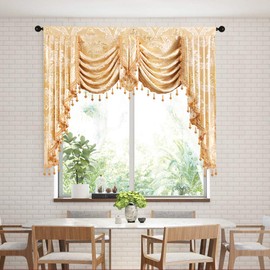 ELKCA Golden Jacquard Swag Waterfall Valance Luxury Gold Damask Curtain Valance for Living Room (Damask-Golden, W49 Inch, 1 Panel)