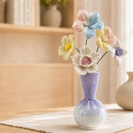 Mini Ceramic Vase with 5 Removable Porcelain Flowers, Purple Crystal Glaze