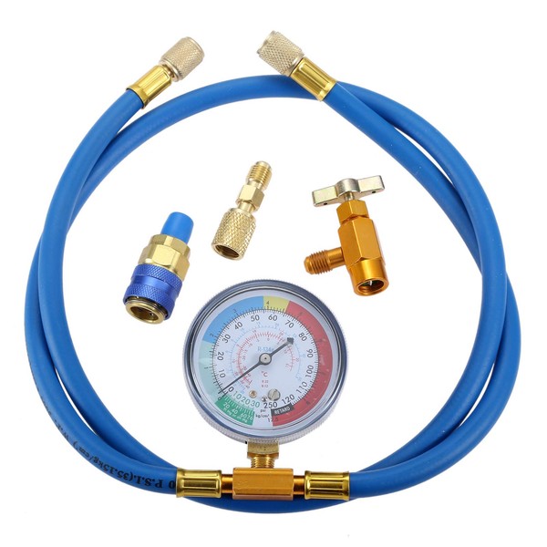 Aupoko 150 cm R134A Refrigerant Refill Hose Kit with Pressure Gauge, Can Opener and Quick Coupling, for R134A R12 or R22 Refrigerant, Car Air Conditioning or Home Air Conditioning