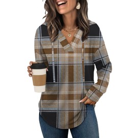 SAMPEEL Womens Tops Fall Trendy 2025 V Neck Casual Hoodies Travel Lightweight Sweatshirt Coffee Plaid M