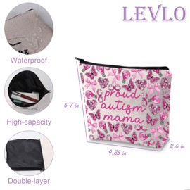 LEVLO Proud Autism Mama Cosmetic Bag Pink Bow Butterfly Makeup Bag Autism Awareness Family Matching Gift (autism mama)