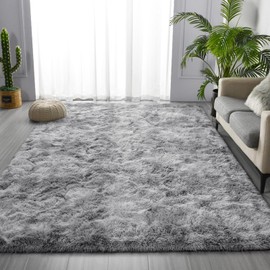 Deerhoo Large Shag Area Rugs 5 x 8, Tie-Dyed Plush Fuzzy Rugs for Living Room, Ultra Soft Fluffy Furry Rug for Bedroom, Indoor Carpet Nursery Rugs for Kids Room Home Decor, Light Grey