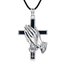 YAFEINI Praying Hands with Rosary Necklace Sterling Silver Black Cross Necklace for Men Jewelry for Men, Sterling Silver