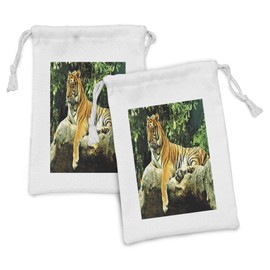 Ambesonne Tiger Fabric Pouch Set of 2, Resting Feline in the Forest on a Large Rock Sublime Carnivore Beast Nature, Small Drawstring Bag for Toiletries Masks and Favors, 9" x 6", Multicolor