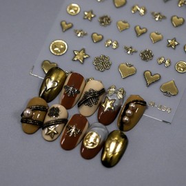 5D Embossed Gold Nail Art Stickers Heart Star Nail Stickers Self-Adhesive Bow Nail Decals for Acrylic Nails Press on Nails Gold Nail Supplies for Women Girls Manicure DIY