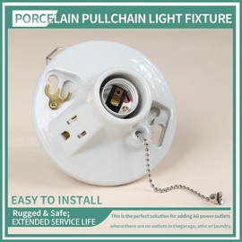 LUCKY STAR E26 Ceiling Type Switch Porcelain lampholder One-Piece Glazed Porcelain Outlet Box Mount, Incandescent Lampholder, Pull Chain, Top Wired, White（1） Pack