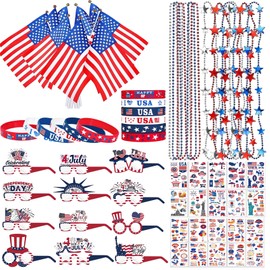 Gavoyeat 4th of July Decorations Party Favors 240Pcs Presidents Patriotic Independence Memorial Day Accessories Supplies Necklace Glasses Bracelet Flag Temporary Tattoos for Kids Adults