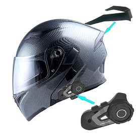1Storm Motorcycle Modular Full Face Flip up Dual Visor Helmet + Spoiler + Motorcycle Bluetooth Headset: HB89 Carbon Fiber Black