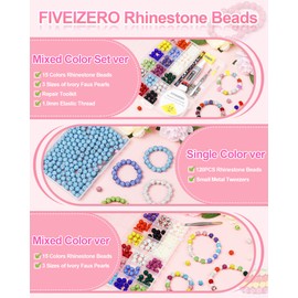 210PCS FIVEIZERO Rhinestone Beads Set, 10mm Sparkly Crystal Clay Baseball Necklace Beads for Jewelry Making, 15 Colors Pave Disco Ball Beads with Faux Pearls, Elastic Cord & Repair Tools