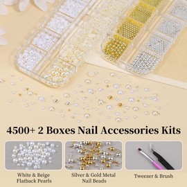 2 Boxes Metal Nail Beads and Flatback Pearls with Tweezers and Brush Kit, 1.5-5mm White & Beige Half Round Pearls, 0.8-3mm Gold Silver Small Caviar Beads Balls for Face Makeup Manicure Crafts(1-K2)