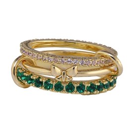 MDJY Gold Interlocking Stackable Rings for Women Non Tarnish,18K Gold Plated Green and Silver Cubic Zirconia Statement Rings Set Size 7-9, Mixed Metals, Created Zircon