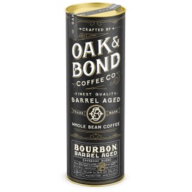 Espresso Bourbon Barrel Aged Coffee, Colombia & Brazil Blend, Whole Bean Arabica, Dark Roast w/ Chocolate, Black Cherry, Toffee, Rich Kentucky Bourbon & Oak Flavors by Oak & Bond Coffee Co. – 10oz.