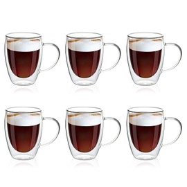 MEWAY 12oz/6 pack Coffee Mugs,Clear Glass Double Wall Cup with handle for Coffee, Tea, Latte, Cappuccino (12 oz，6)