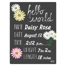 Cohas Hello World Newborn Baby Announcement Chalkboard Sign with Daisy Flower Theme, 5 by 7 Inches, White Marker