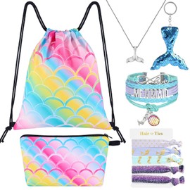 WAWSAM 10 PCS Mermaid Drawstring Bag Set - Rainbow Mermaid Gift Bag for Girls Kids Birthday Christmas Gym Drawstring Backpack Sackpack Cosmetic Makeup Zipper Bag Keychain Bracelet Necklace Hair Ties
