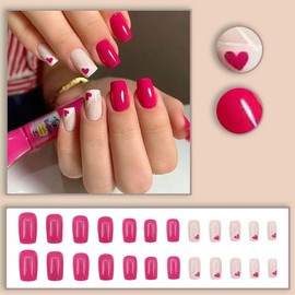 Mgmxbsth 24Pcs Square Fake Nails,Rose Red Press on Nails,One-sided French style Glossy Fake Nails, Stick on Nails with Designs Stick for Women and Girls (Sweet)