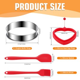 English Muffin Rings, 8 Pcs Double Rolled Crumpet Tart Rings 4 inch with 2 Silicone Heart Pancake/Egg Rings, 1 Brush and 1 Spatula, Stainless Steel Cooking Rings for Baking, Pastry Rings for Dessert