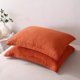 WINLIFE 100% Cotton Quilted Pillow Sham Floral Printed Pillow Cover (King, Burnt Orange)