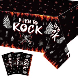 Tiamon 3 Pcs Rock and Roll Party Tablecloth Rock Themed Party Decorations Supplies Born to Rock 50s Guitar Disposable Plastic Rectangular Table Covers for Rock Music Birthday Party, 54 x 108 Inch