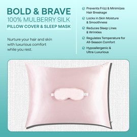 Bold & Brave Set of 100% Pure Mulberry Silk Pillow Cover and Sleep Mask – Luxurious Comfort for Hair & Skin, Regular Size with Hidden Zipper - Light Pink