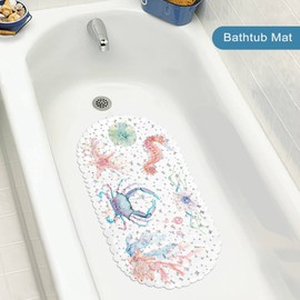 Printed Bath Mat Non-Slip, Anti Mould Bathtub Mat for Inside Bath, PVC Rubber Bathroom Mat with Suction Cups, Washable Oval-shaped Shower Mat for Kitchen Baby Kids Elderly Adults 69x35cm (Sea)