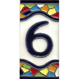 TORO DEL ORO House Numbers. Numbers and Letters on Tile. Glazed Ceramic, Hand Painted Dry Rope Technique. Names and Addresses. Mosaic Design Medium 5.5x10.5 cm (Number Six "6")