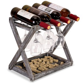 WDSHIYI Rustic Wood Wine Rack for 4 Bottles and 6 Stemware Glass Holder- Countertop Wine Racks with Glass Holder, Home, Kitchen, Dining Room Bar