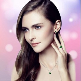 Uloveido Charm Rainbow Created Topaz Mystical Large Square Crystal Necklace Matching Stud Earrings Rings White Gold Plated Wedding Jewellery Set (Multicolor, Red, Green, Blue, Purple) T295, Brass