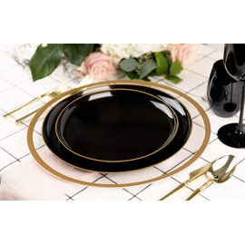 EcoQuality 10.6" inch Round Black Plastic Plates with Gold Rim Design - Disposable China Like Party Plates, Heavy Duty Dinner Plates, Salad Plate, Dessert, Wedding, Serveware (60 PACK)
