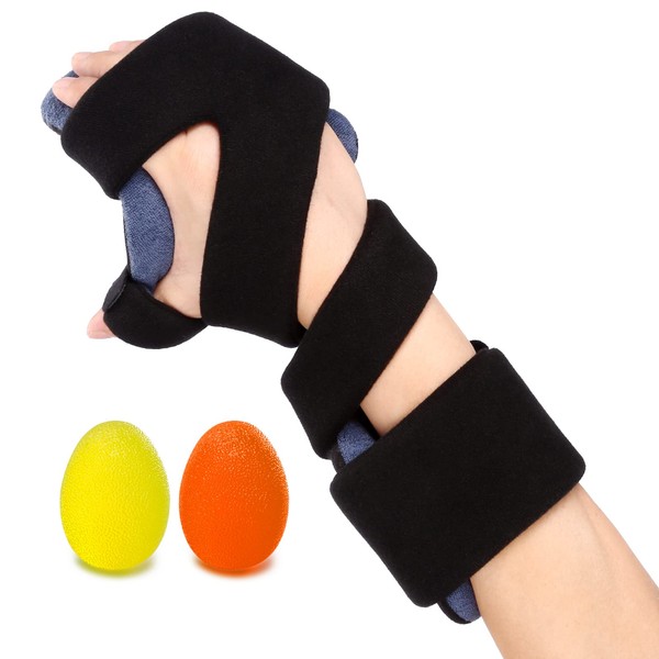 Velpeau Stroke Resting Hand Splint with Squeeze Stress Balls - Night Immobilizer Wrist Brace with Thumb Support - Finger Stabilizer Wrap for Muscle Atrophy, Arthritis, Carpal Tunnel Pain (Right-M)