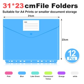 muhogxio Document Folder A4 for Filing - Pack of 12 Document Folders for Documents Organising with Binder Holes and Label Pocket Waterproof (White)