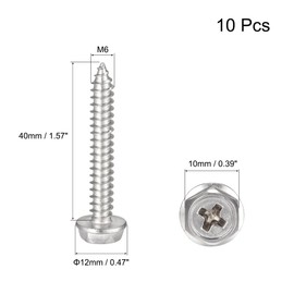 sourcing map Phillips Hex Washer Self Tapping Screws, M6 x 40mm 304 Stainless Steel Hex Flange Sheet Metal Screw 10pcs