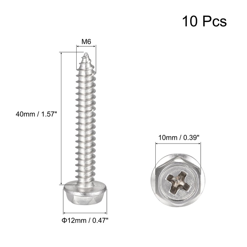 sourcing map Phillips Hex Washer Self Tapping Screws, M6 x