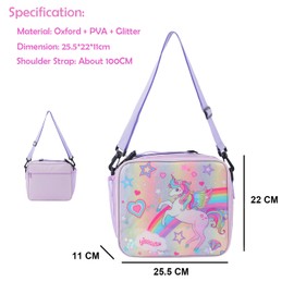 KEAIDUO Glitter Unicorn Lunch Bag for Kids Girls, Cute Fashion Insulated Cooler Bags Tote Bags for Girls with Adjustable Shoulder Strap for School Kindergarten Purple Unicorn