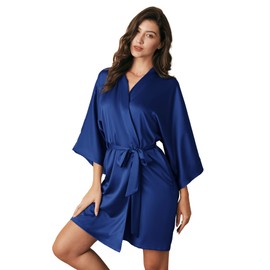 AW BRIDAL Women's Silk Robe, Satin Kimono Bathrobe for Wedding Party Brides Bridesmaids Loungewear, Navy S