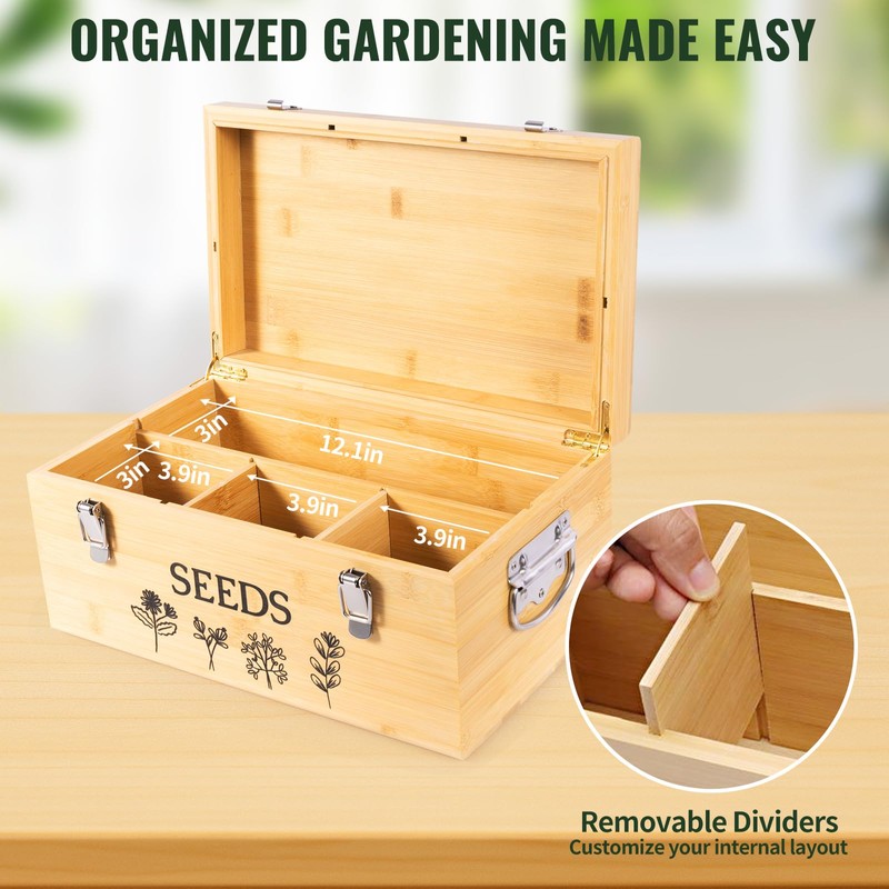 Intarsio Large Bamboo Wood Seed Storage Organizer Box with Lid,Double-Layer