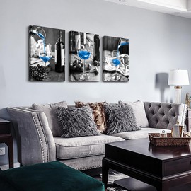 DZRWUBHS Canvas Wall Art For Kitchen Wall Decor For Dining Room Black And White Glasses Wine Painting Modern Blue Wine Wall Pictures Art Prints Artworks Bar Restaurant Home Decorations 3 Piece