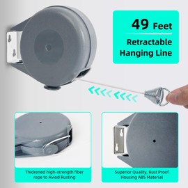 Retractable Clothesline - Heavy Duty Laundry Line with 12 Wood Clips, 49 FT Adjustable Clothesline for Indoor Outdoor, Portable Automatic Retractable Mechanism Clothesline