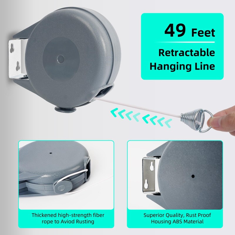 Retractable Clothesline - Heavy Duty Laundry Line with 12 Wood