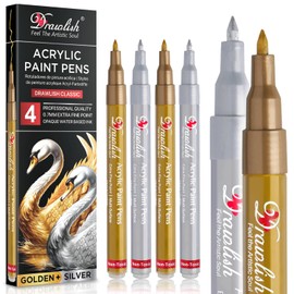 Acrylic Paint Pens - Permanent Markers 2 Gold Pens & 2 Silver Paint Marker Pen Set of 4 Acrylic Pen 0.7mm Extra Fine Tip - Ideal for Rock Painting, Fabric, Glass, Wood, Canvas, Ceramic, Porcelain