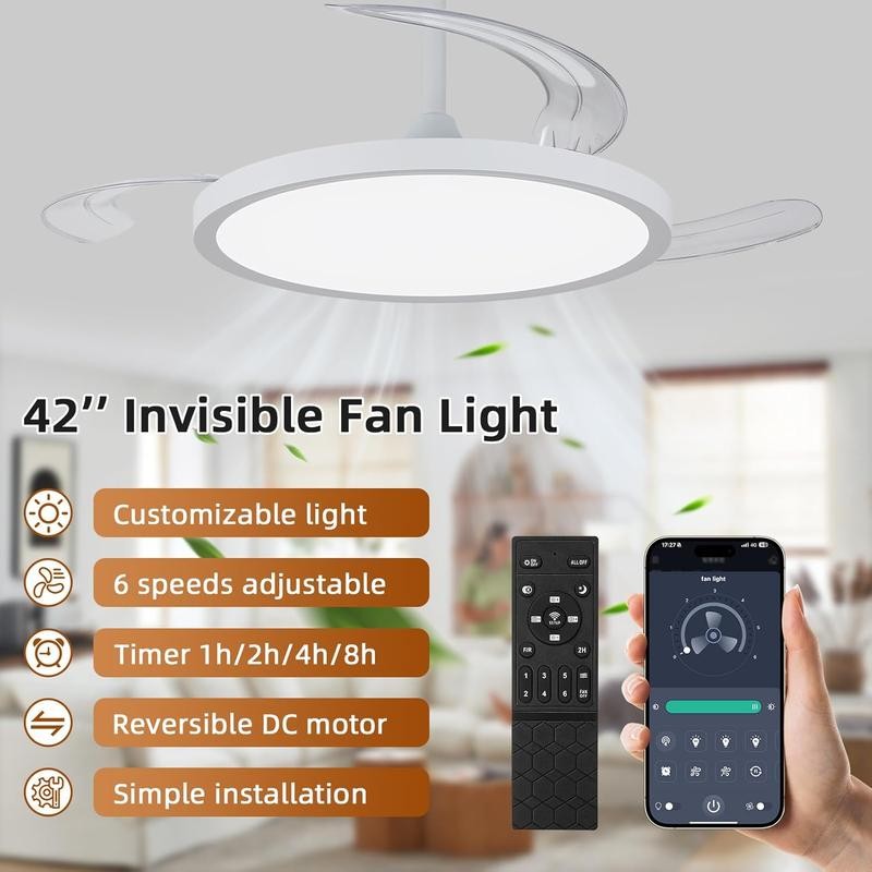 42 inch Retractable Ceiling Fan with Lights,6 Speed Dimmable Silent