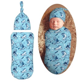 Muishi Ice Hockeys Sport Equip Newborn Swaddle Blankets Hat Sets Soft Baby Receiving Blanket Swaddle Sack for Baby Shower Infant Boy Girl Gift