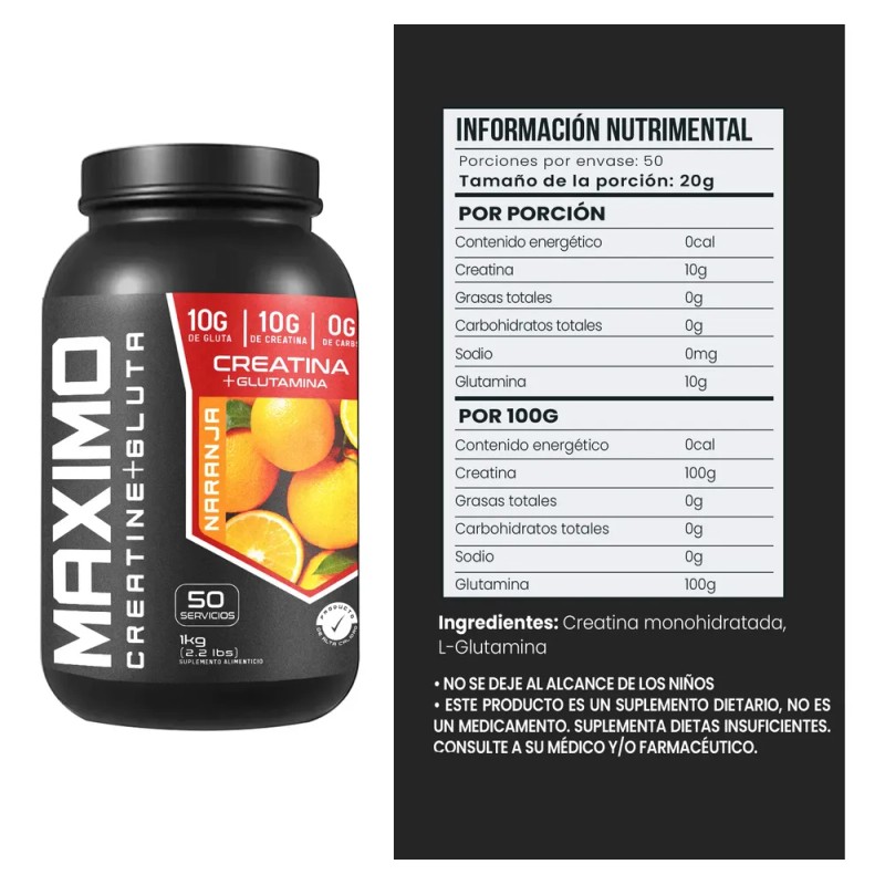 Suplemento Creatina + Glutamina Maximo 1kg 50servicios