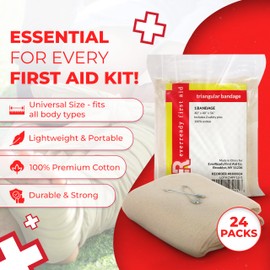 Triangular Bandage, 40" x 40" x 56", 100% Cotton, Individually Wrapped with 2 Safety Pins Per Bandage, Multi-Purpose Sling & Dressing for First Aid Kits – 24 Pack