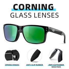 BNUS Italy made unisex sports Sunglasses for men womens shades Corning Real Glass Lens (Polished Black/Jade Non-Polarized, Ultra)