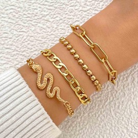 Aneneiceera Vintage Layered Snake Bracelet Set Gold Paperclip Chain Bracelet Curb Chain Bracelets Multi Layer Chunky Bracelet Gothic Serpent Bracelet Hand Chain Bracelet for Women Girls (With Snake)