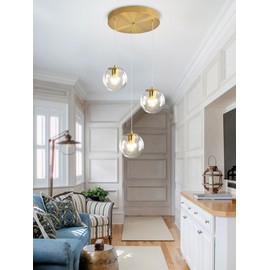 Shial Lighting Globe Glass Pendant Light Modern Gold Clear Globe Glass Chandelier Mid Century Chandelier 3-Light Hanging Fixture for Kitchen Island Foyer Hallway Dining Room