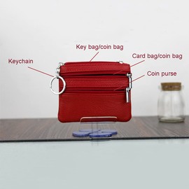 Small Cute Genuine Leather Soft Mini Wallet with Key Ring Chain and Zipper Pocket for Coins, Credit Cards, ID Cards, Keys, Headset, 1 x black