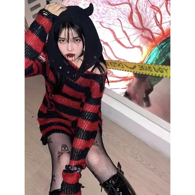 URAWESO Red and Black Goth Distressed Stripe Knit Sweater Dress